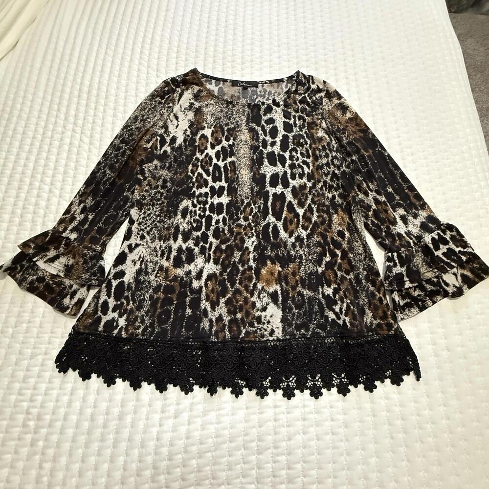 Calessa Brown Wild Cat Animal Print Black Lace Tunic Top Shirt Sz L Large